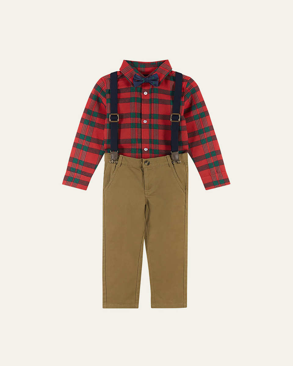 Boy's Flannel Button Down W/ Pants, Suspenders & Bowtie, Size 2-